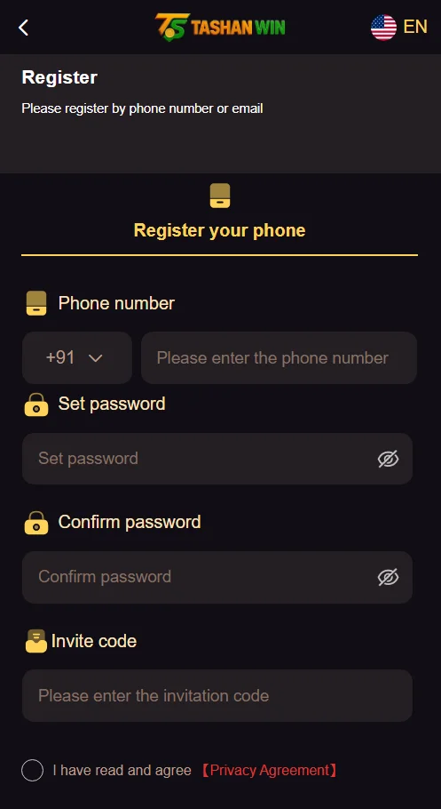 Tashan Win registration page